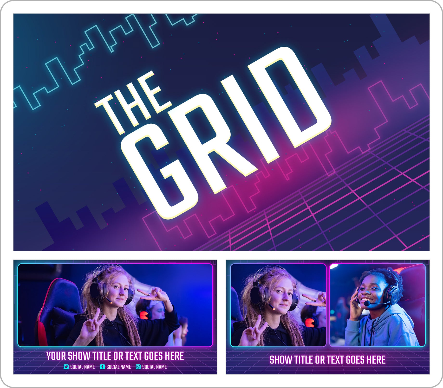 The Grid is a Retrowave and RGB inspired theme for Ecamm Live!